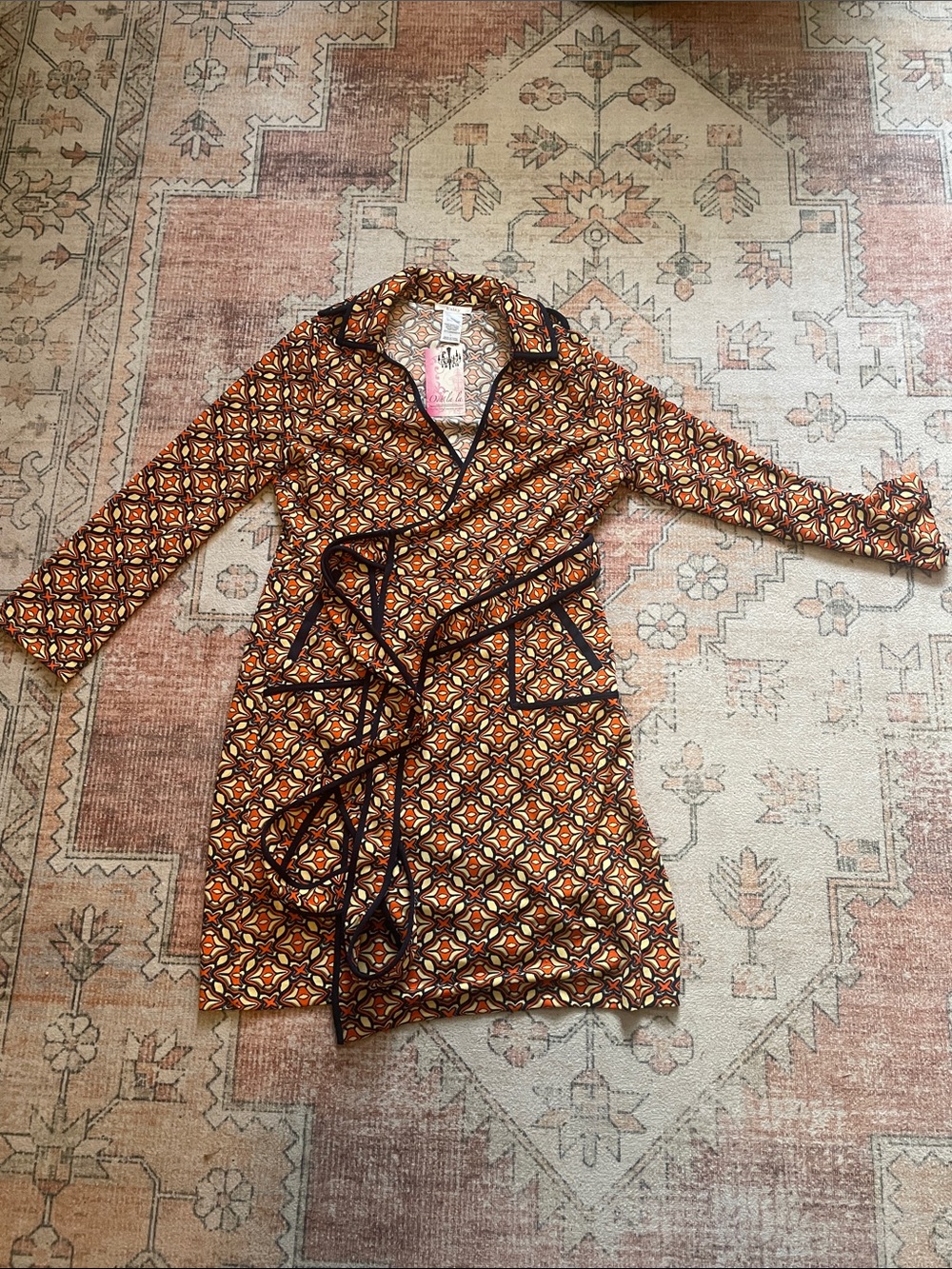 Esley Orange Brown Geometric Wrap Dress